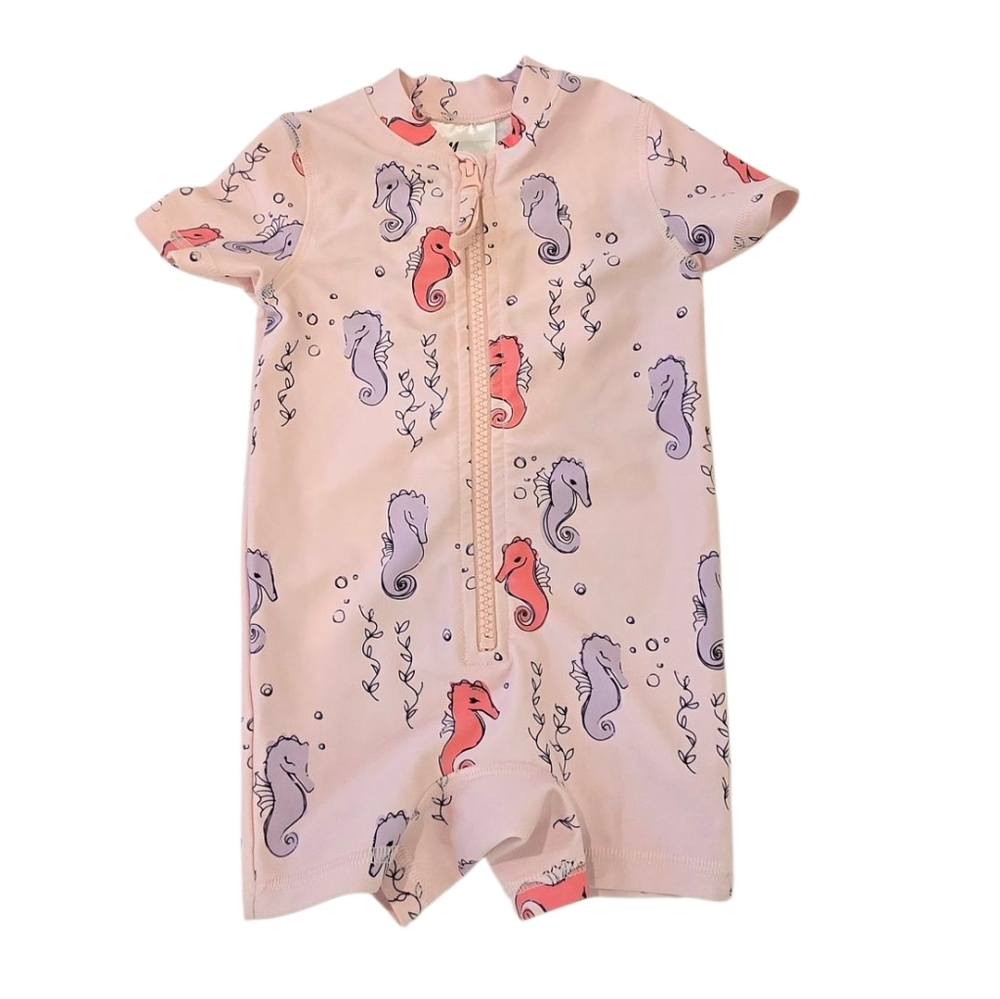 H&M Baby Girl Pink Seahorse Print Romper Style Swim Suit 3-6 Month